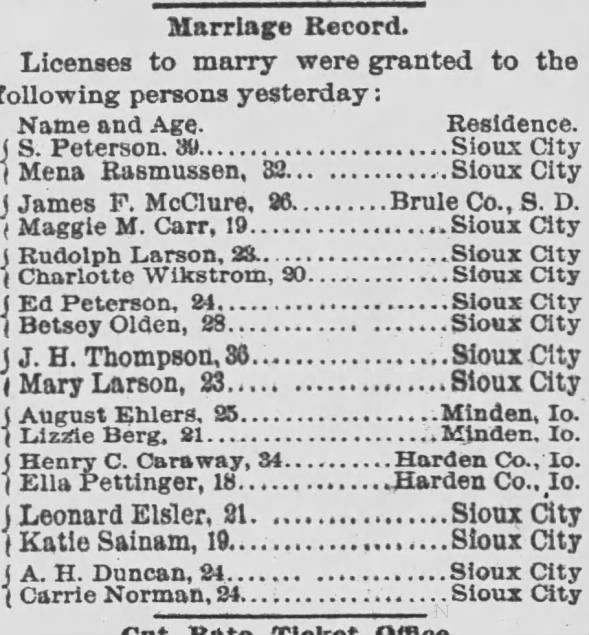 August Ehlers and Lizzie Berg, marriage license issued 10 Oct. 1891